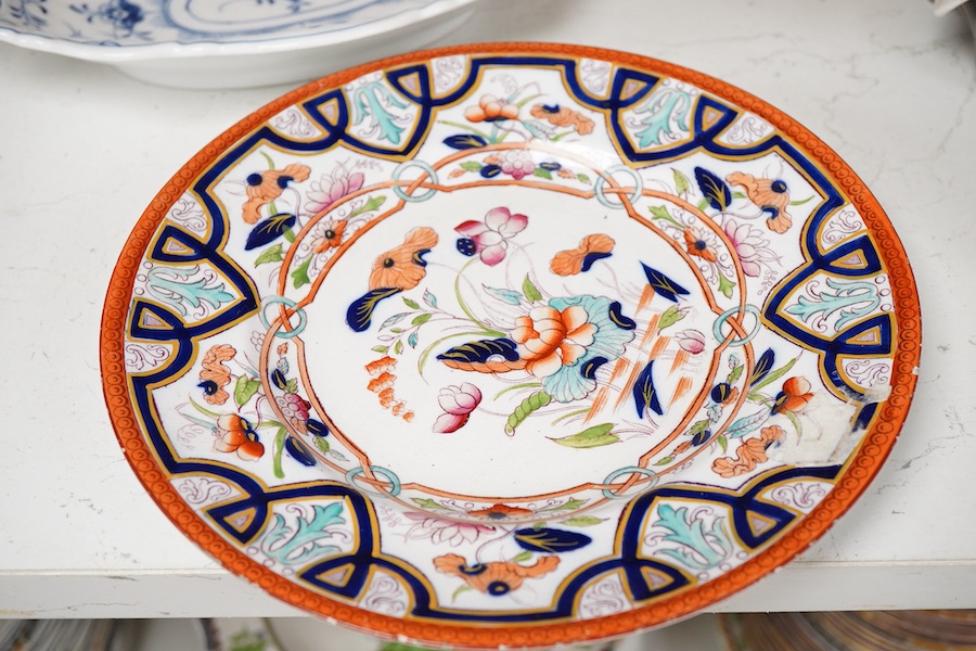 An Imari style plate after a design by Christopher Dresser, together with a Herend onion pattern side dish - 28cm wide